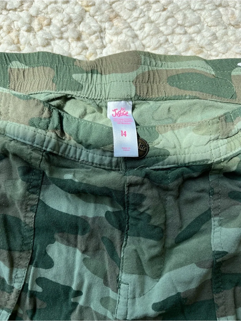Justice Girls' Green Camo Cargo Pants with Embroidered Patches size 14